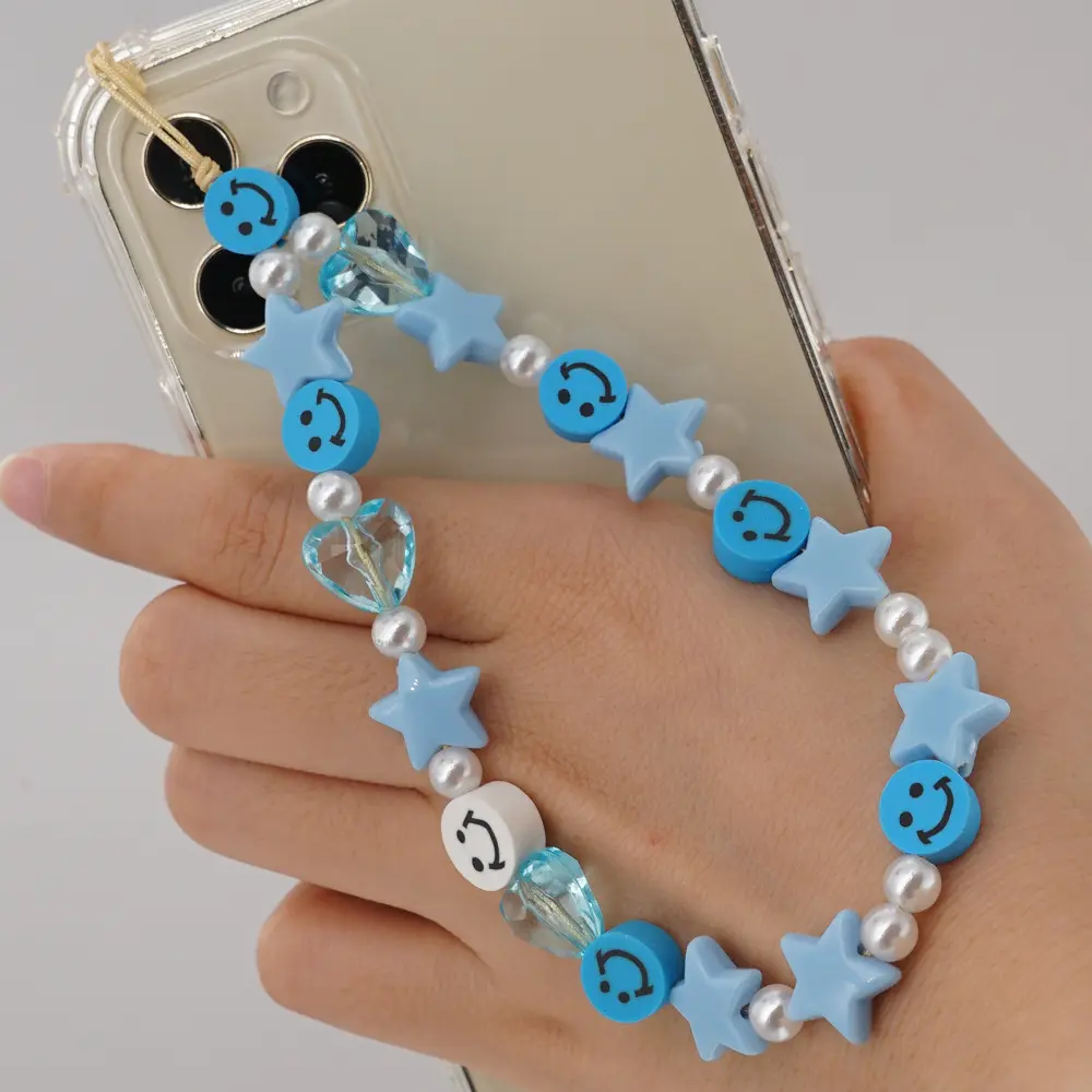 New Trendy Pink Blue Smile Face Beads Lanyard Custom Cute Diy Star Beaded Phone Strap Handmade Phone Chain
