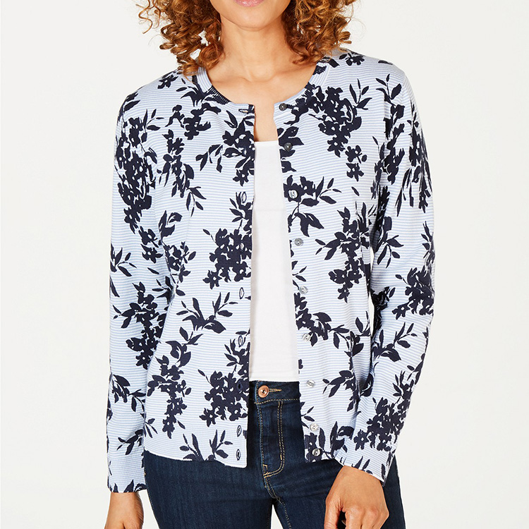 Fashion Design Women Crewneck Cotton Floral Printed Sweater