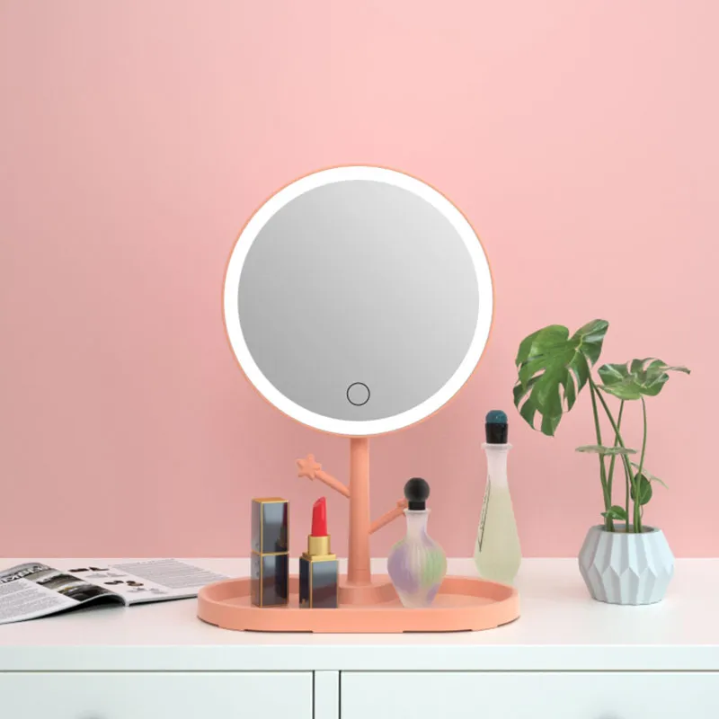 LED Makeup Mirror With Light Ladies Storage Makeup Lamp Desktop Vanity Mirror Round Shape Cosmetic for  Mirrors Women