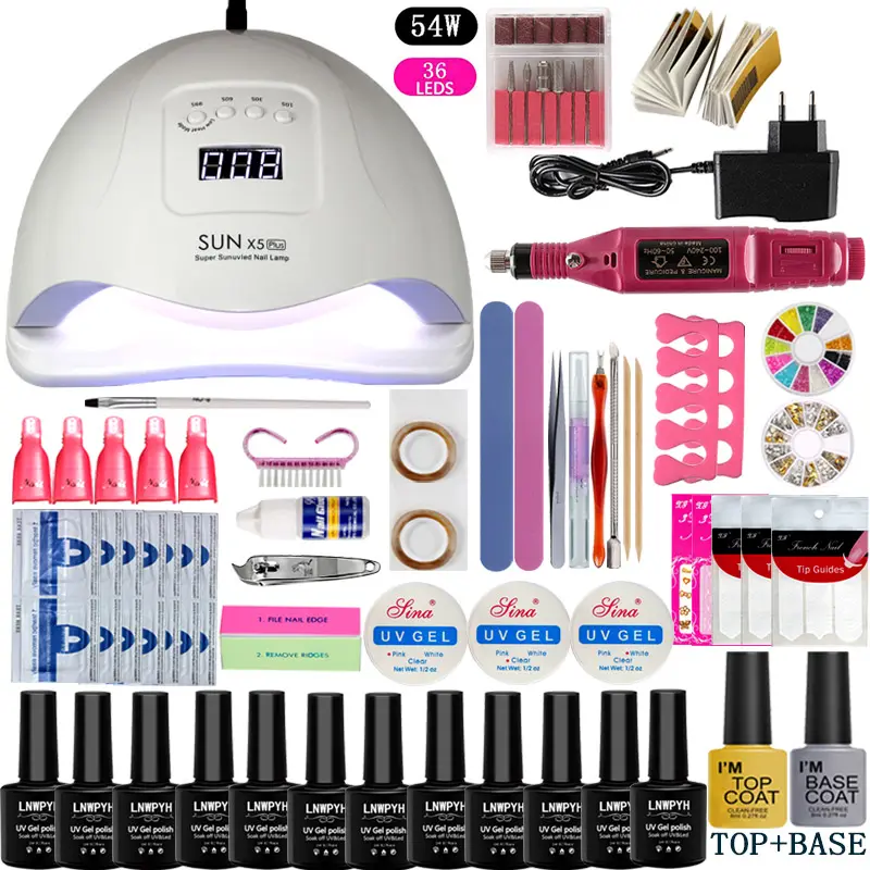 UV LED Nail Lamp 54W Professional Nail Dryer With Gel Polish Kit Nail Art Tools Electric Drill Set