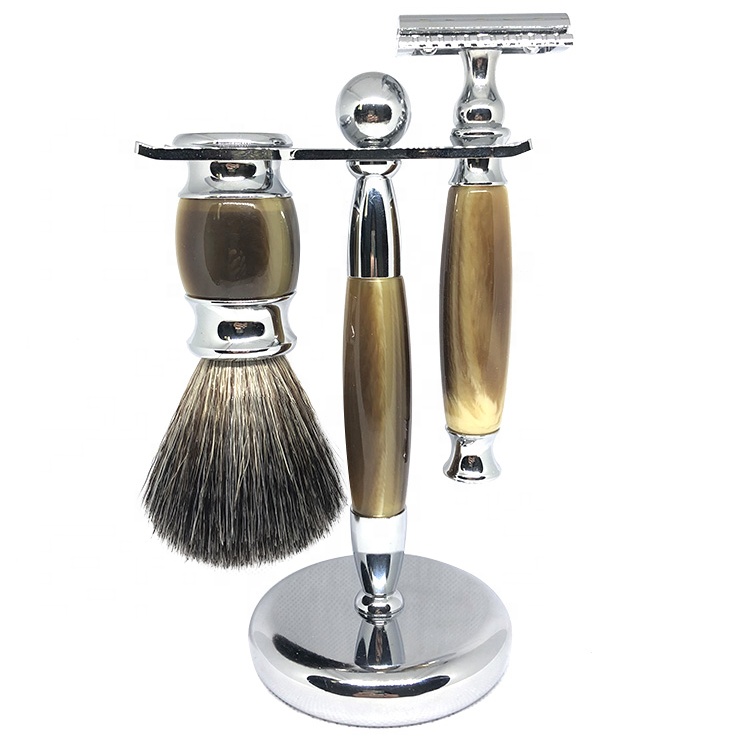 Manufacturers Selling Ox Horn Badger Hair Brush Set Luxury Blade Custom Shaving Kit