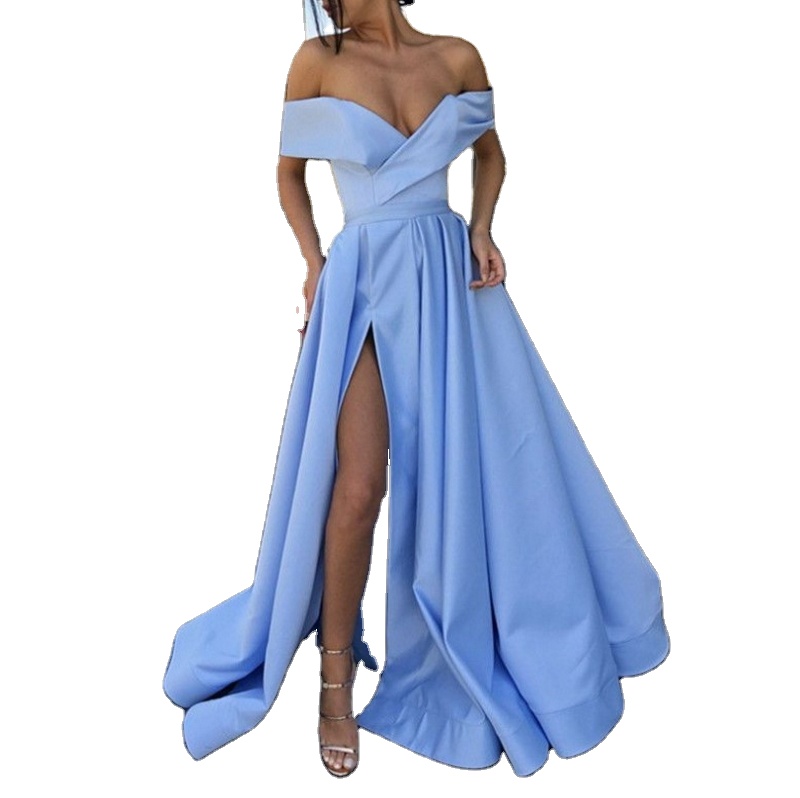 2021 hot sale strapless V-neck high slit short sleeve A-line evening dress party halter prom sexy dress