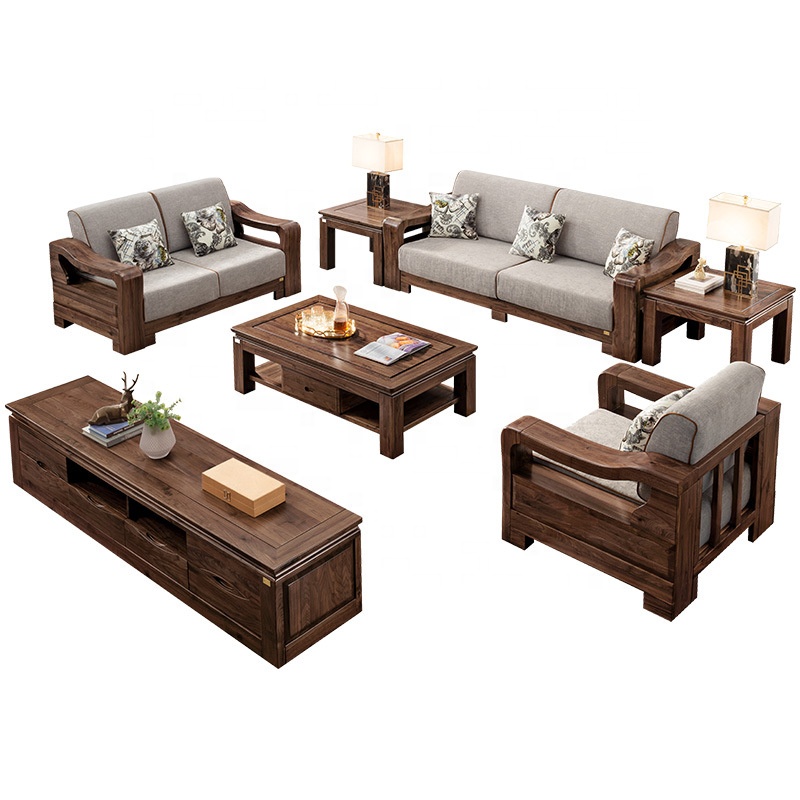 High-end Chinese Style Walnut Solid wooden Frame Fabric Upholstery Living room Sofa