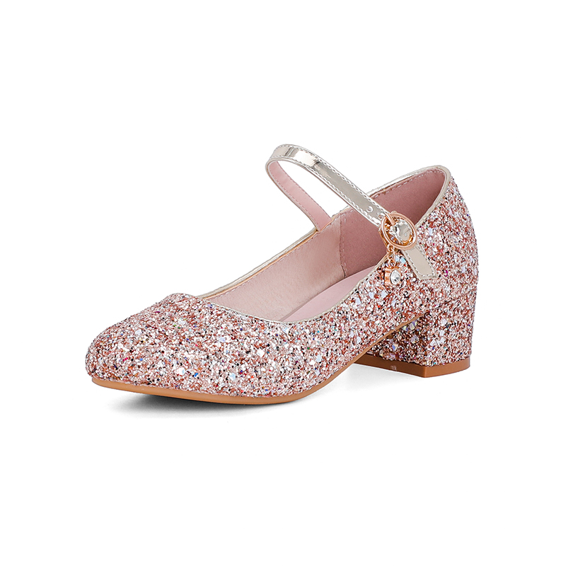 Girls' leather shoes high-heeled sequins crystal princess shoes little girls piano performance single shoes