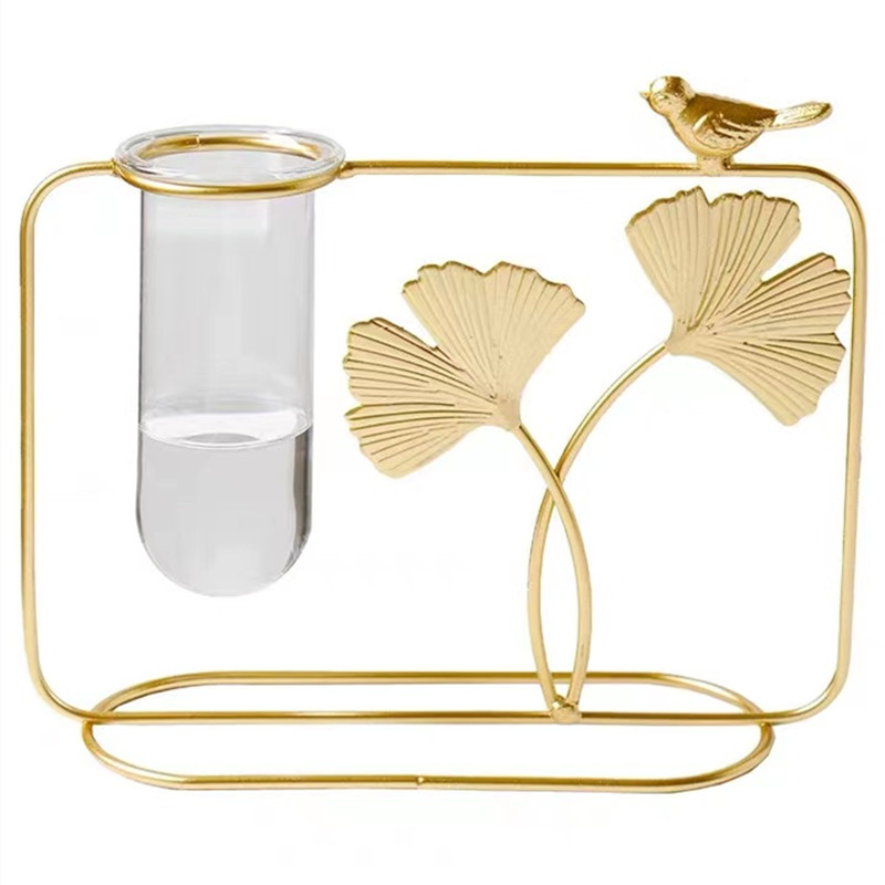 Selling Desktop Metal Ginkgo Biloba Hydroponic Glass Golden Decorative Vase