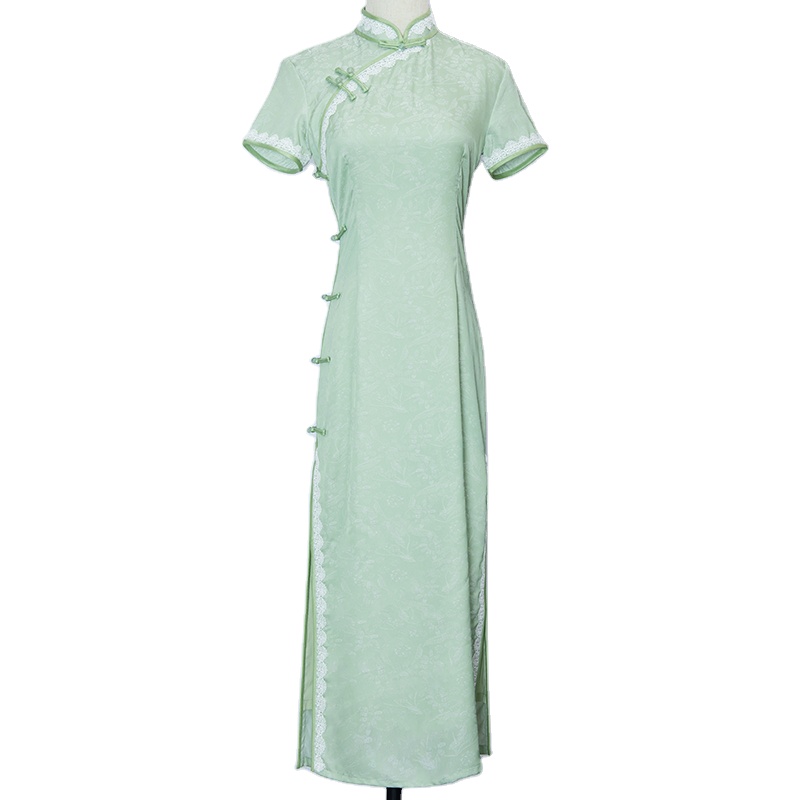 New Fashion 2021 Green Elastic Jacquard Dress Long Custom Cheongsam Qipao