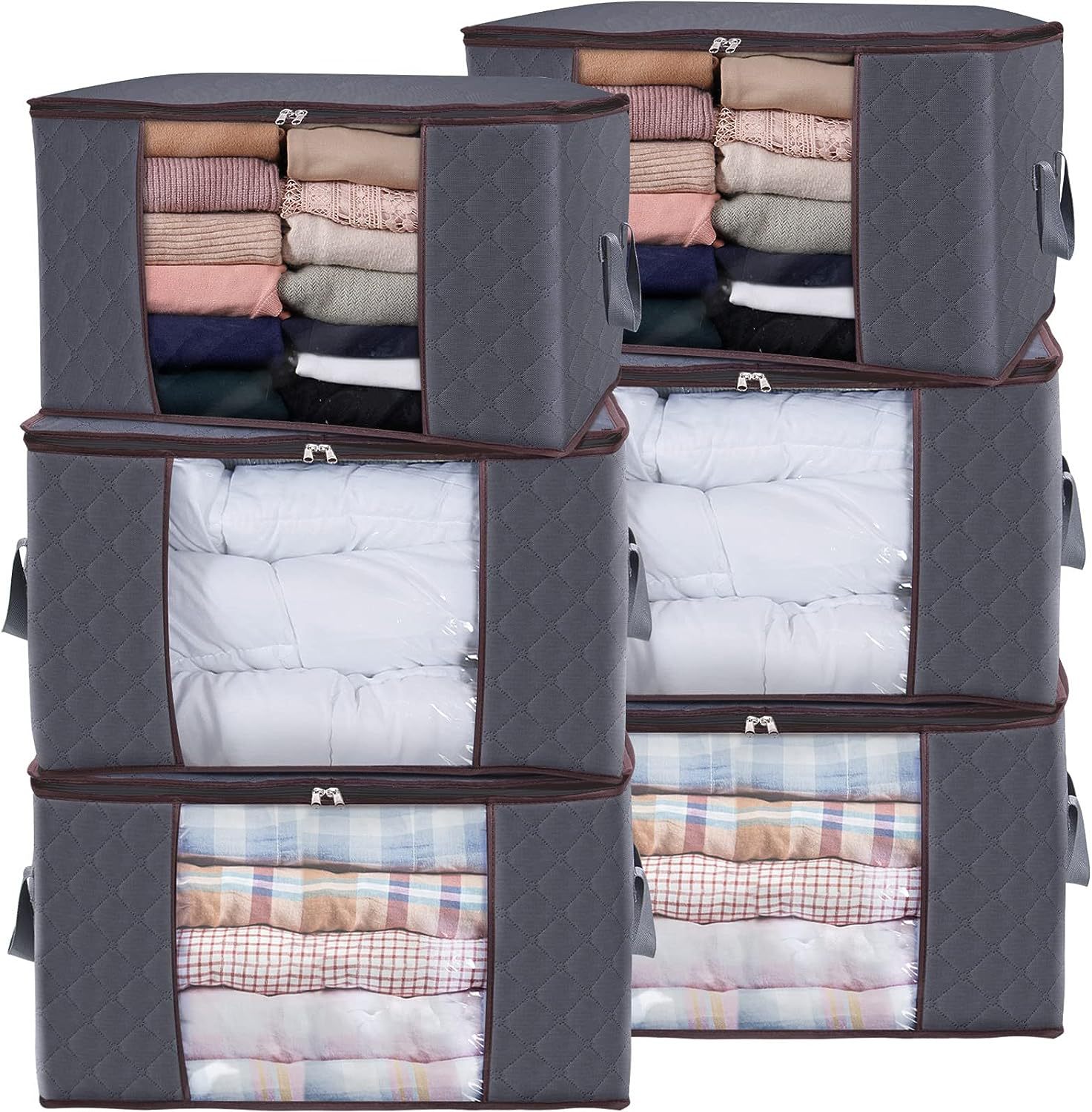 90L Large Bags 6 Pack Clothes Bins Foldable Closet Organizer Containers Non Woven Collapsible Storage Box