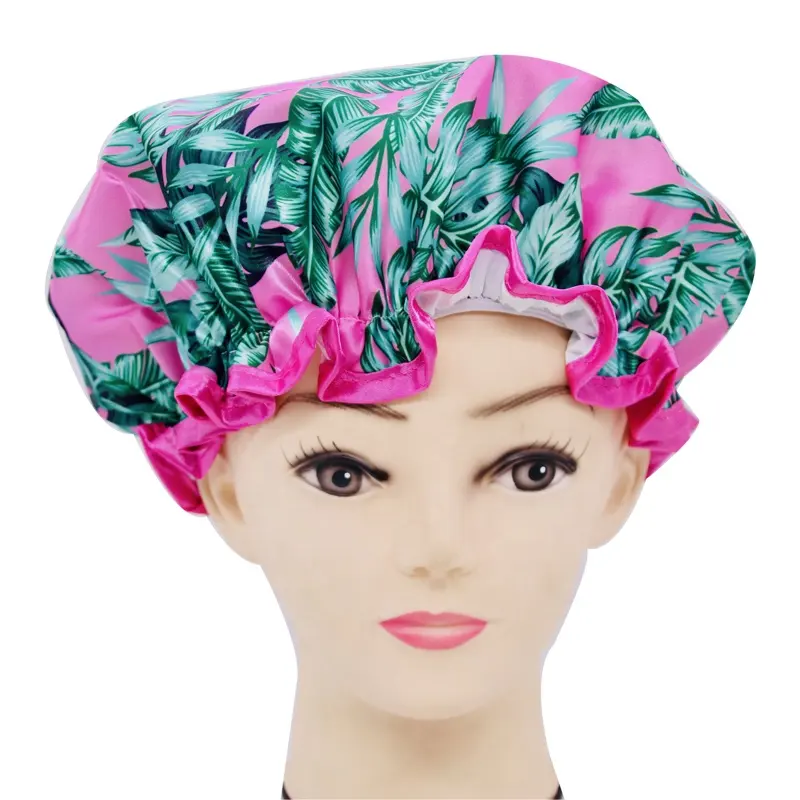 High Quality Printing Shower Caps Low MOQ Large Enough Elastic Double Layer Satin Shower Cap Adjustable