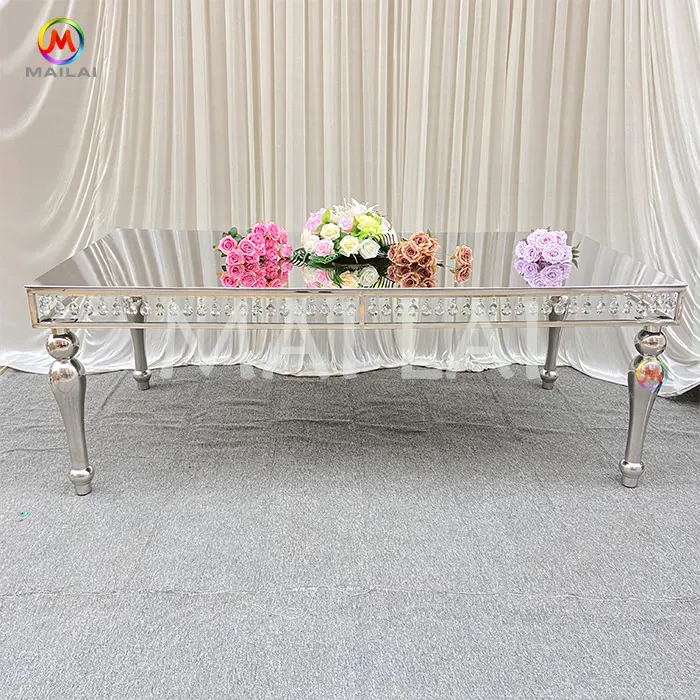New Design Glass Wedding Table with Crystal Silver Metal Frame Banquet Dining Table for Event Decorative
