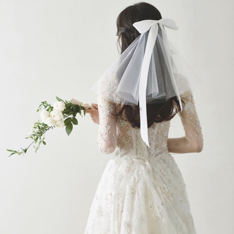 Свадебная фата с гребнем SLBRIDAL, мягкая белая и черная короткая фата с бантом, свадебные аксессуары для невесты, Бракосочетание