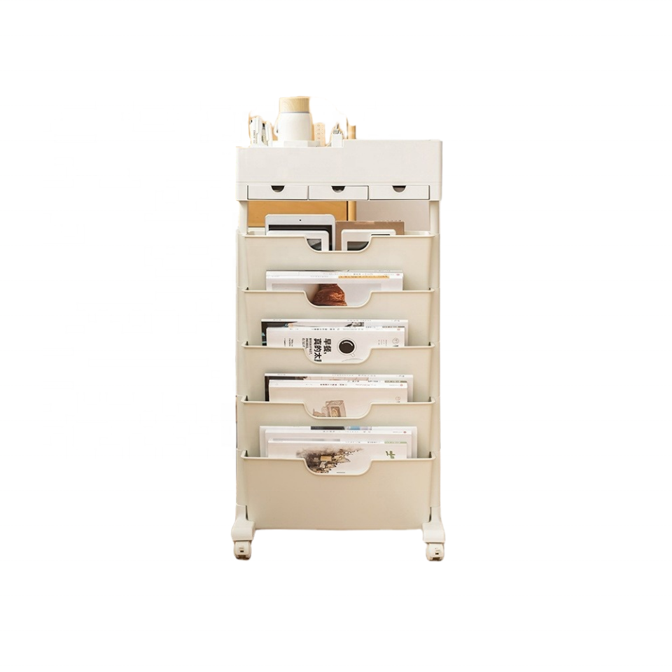 XJH 3 layer Desk Bookshelf Holder With Wheel Book Storage Rack Cart With Drawer Vertical Magazine Storage Trolley Cabinet