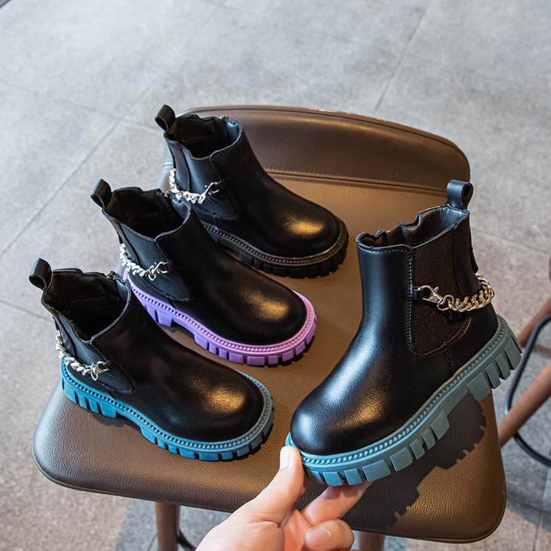 202 European Children Girl Ankle Boots Chain Decoration Chunky Heel Ankle Chelsea Boot