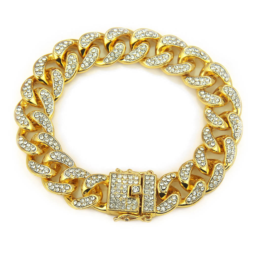 Fashion Men Women Gold Silver Color Bracelet Hip Hop Punk Style Cuban Paved Clear Rhinestones Bangles for Mens Party Gift