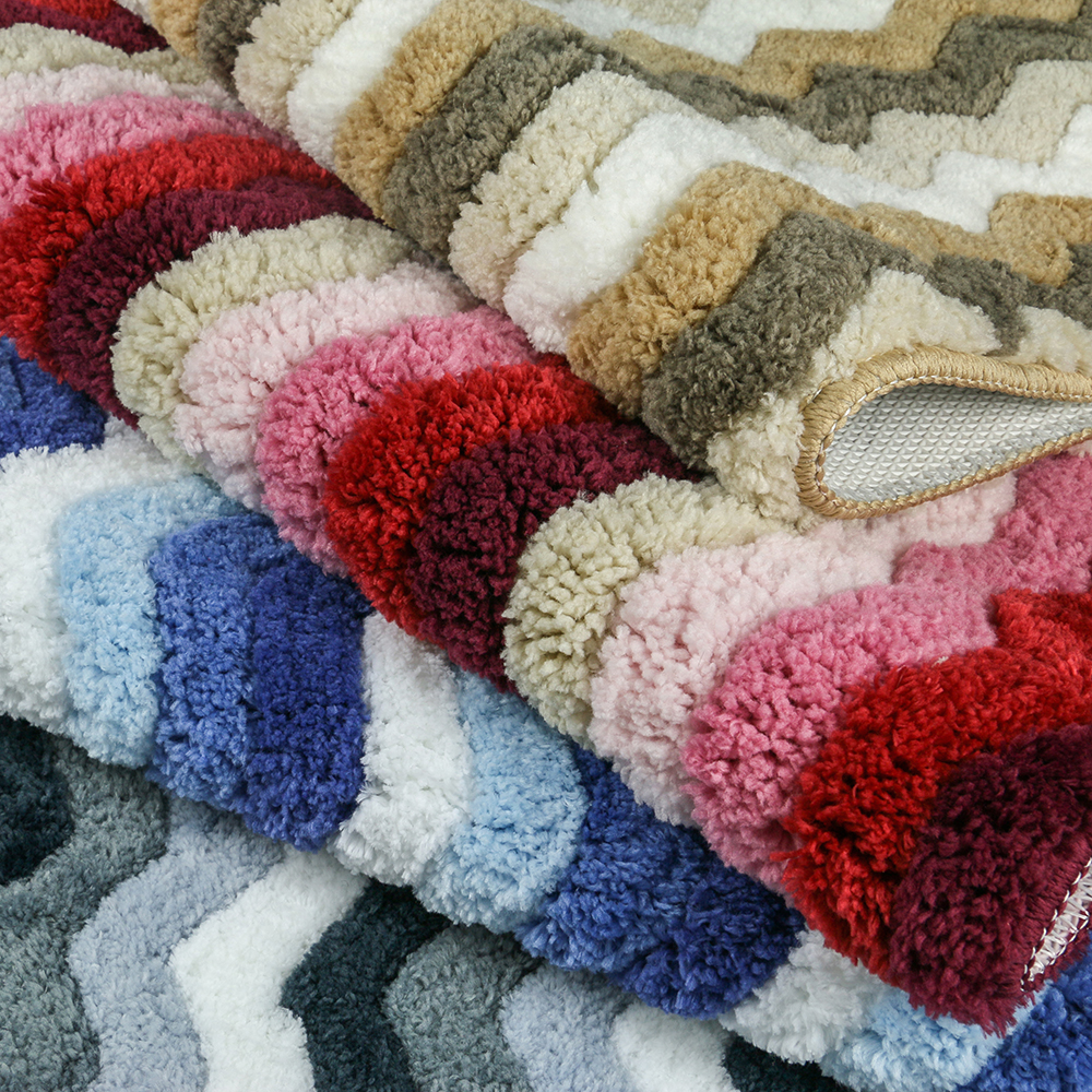 3D wavy striped tufted bath mat Soft and comfortable water absorbent floor mat TPR non-skid bathroom mat