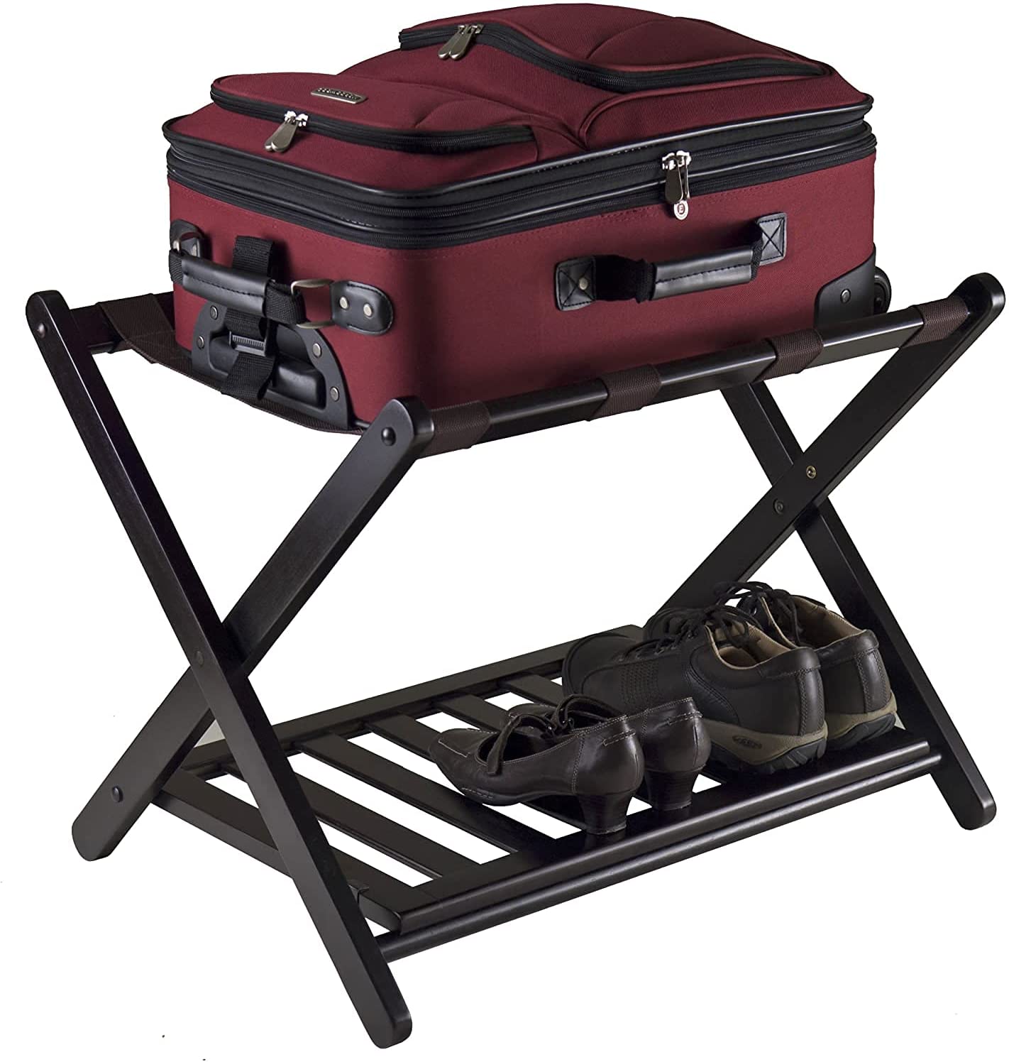 Heavy Duty Bamboo Wood Luggage Rack with Shelf for Hotel or living room