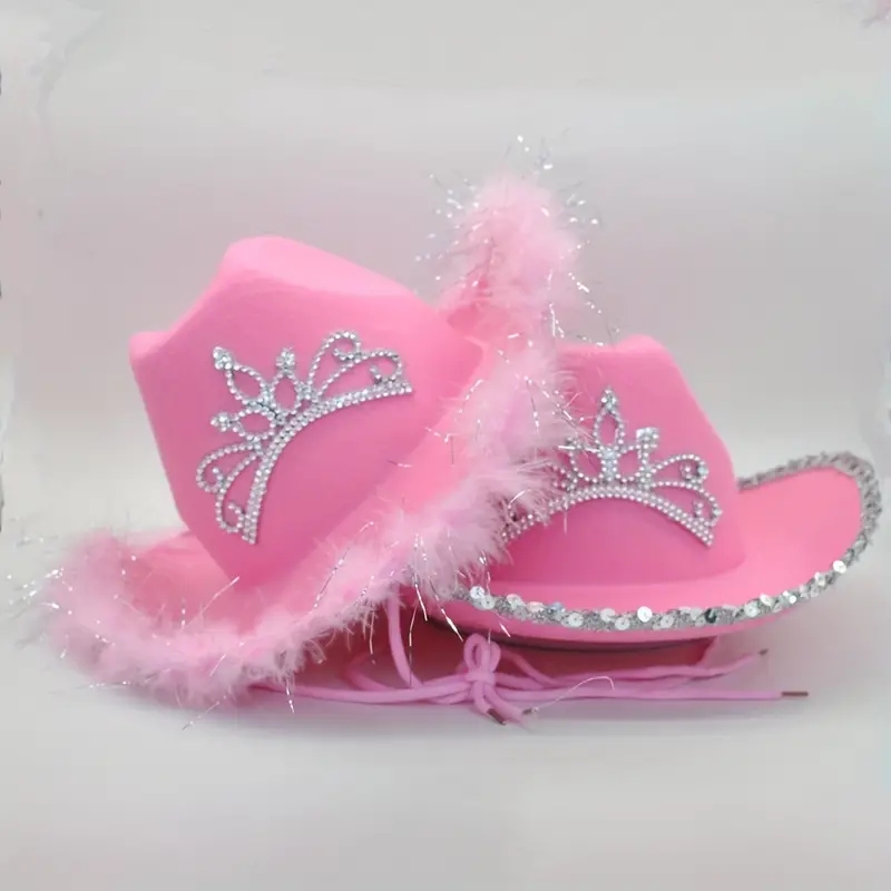 Wholesale Western Style Pink Adult Light up Cowboy Hats with Tiara and Feathers Cowgirl Hat with Crown Party Women