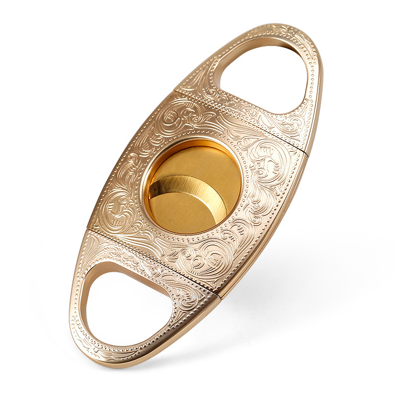 Nice design carving pattern custom logo double guillotine cigar cutter with sharp stainless steel blade knife
