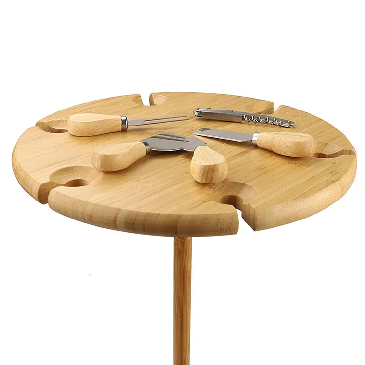 High Quality Bamboo Wood Outdoor Wine Table Picnic table Round Beach table with knife set