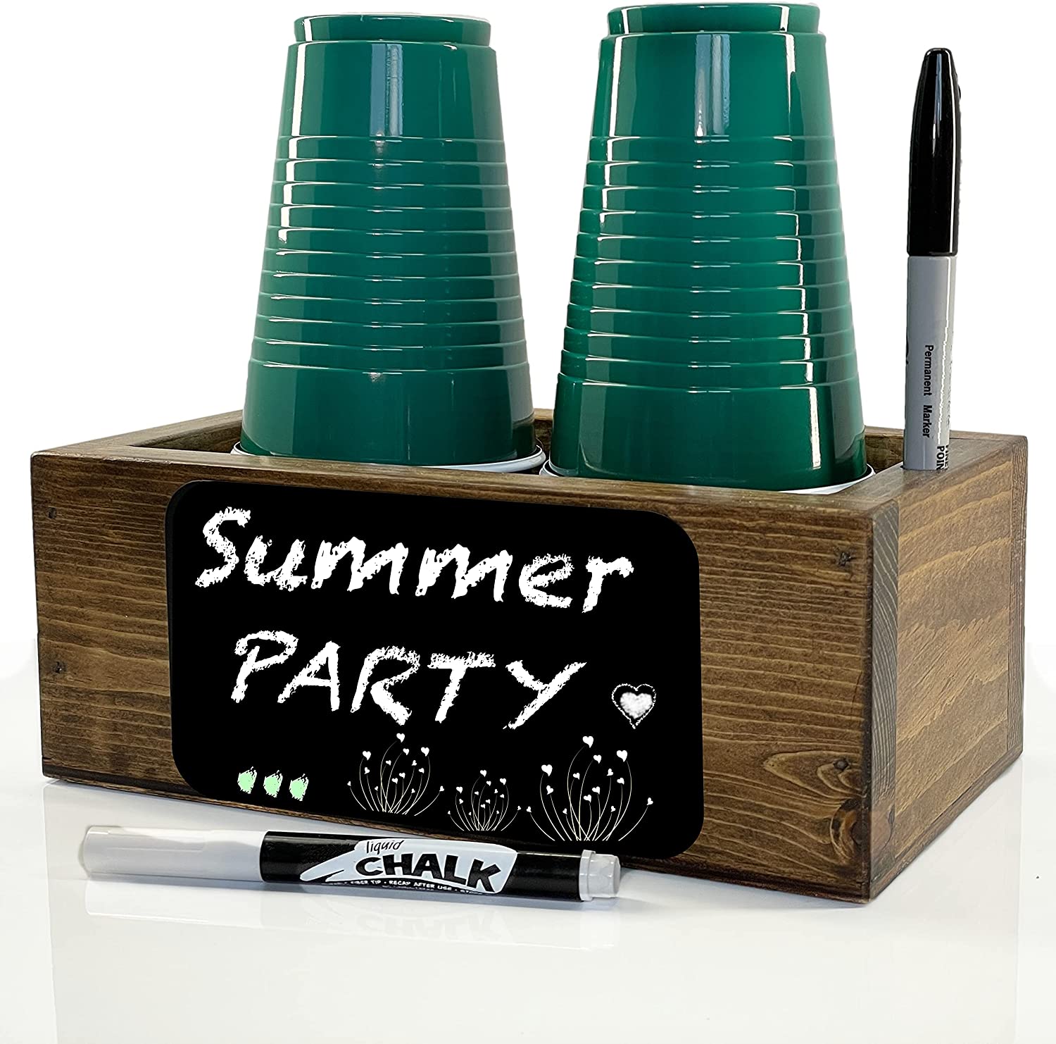 Double Solo Cup Holder with Marker Slot - Dark Walnut Stain, Standard Size That Fits Most Brands Plastic or Paper Party Cups