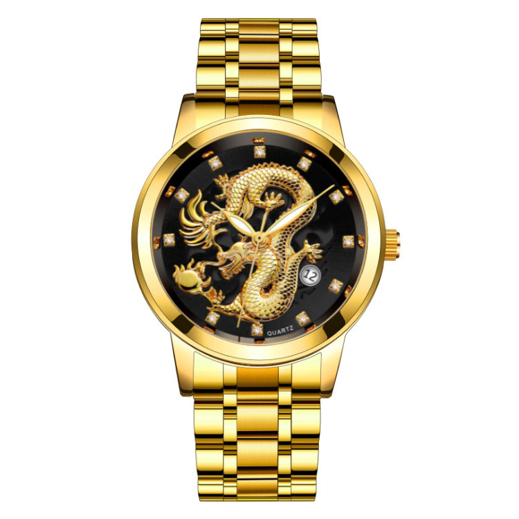 Fashion Calendar Men's Watch Steel Band Business Waterproof Luminous Hollow Dragon Quartz Watch for Men