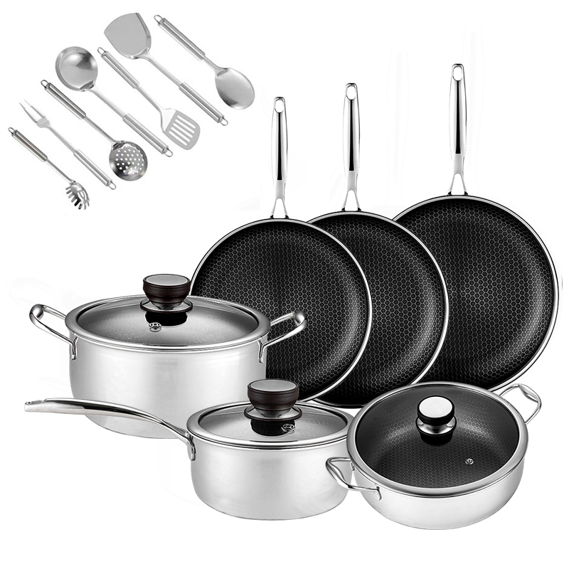 Shangwey Customizable Stainless Steel Kitchen Utensils Non Stick Honeycomb Pans Cooking Pot Set With Glass Lid
