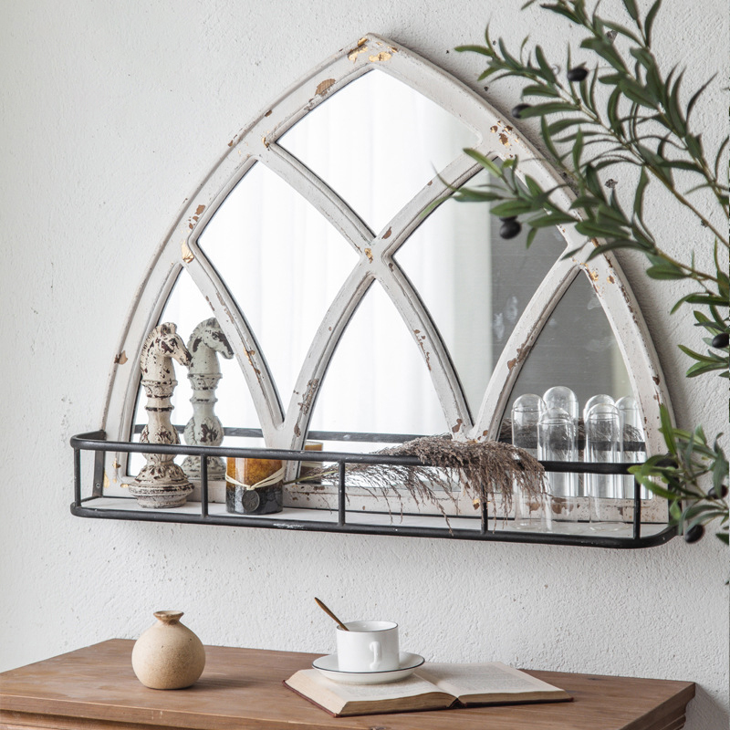 Natural style wooden wall decorative mirror with storage shelf wooden mirror frame decorative