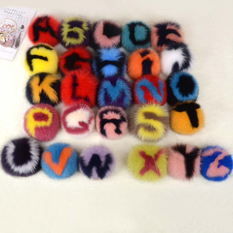 High Quality Fox Fur Ball Ring Pendant Colorful Letter Fox Fur Keychain