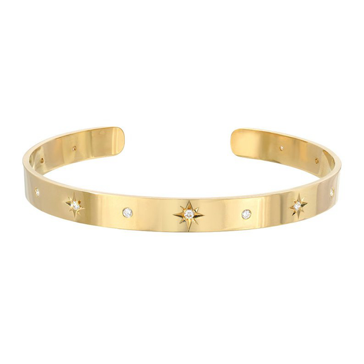 Fashion Stainless Steel 18K Gold Plated Sunburst Cuff Bangle Bracelet with CZ Diamond