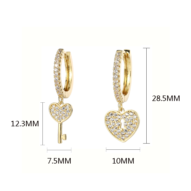 Fashion Cubic Zircon Lock Key Asymmetrical Earrings Cute Heart Gold Hoop Earrings For Women Wedding