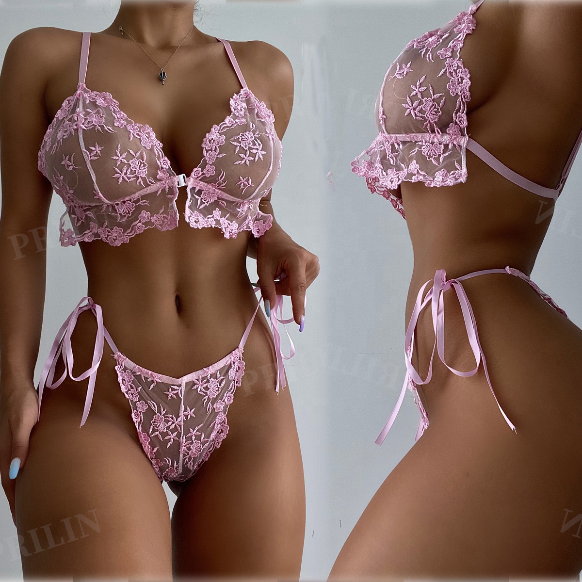 SFY1462 Sexy Lace Lingerie Set Floral See Through Bra Panty Nightwear Transparent Pink Underwear Women Embroidery UnderWear