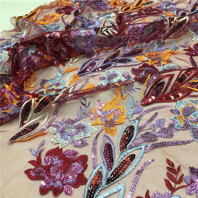 African high quality mesh net multi-color feather sequin lace fabric flip sequin fabric floral sequin fabric