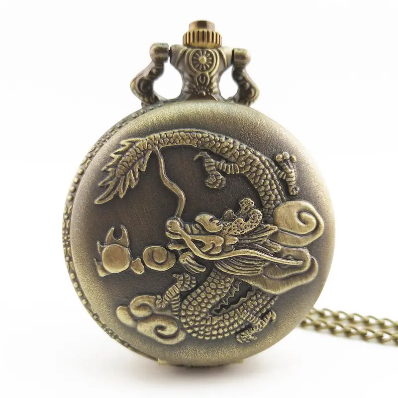 Vintage Pocket Watch Bronze Necklace Clock Pendant Reloj Chinese Dragon Pattern Chain Quartz Pocket Watches For Men Gifts