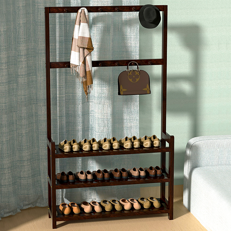 New solid wood coat rack, clothes rack with hooks multi-layer shoe rack pine wood material