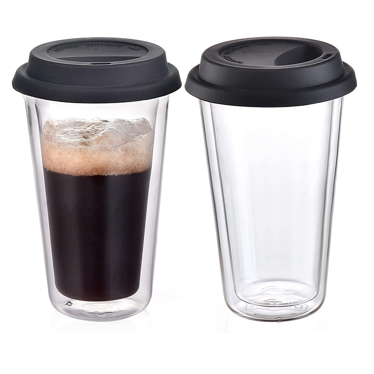 Clear borosilicate glass 12oz handleless double wall espresso glass coffee cup with plastic lid