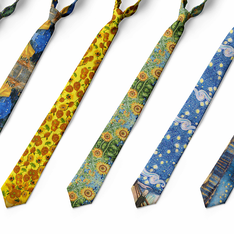 Van Gogh Oil Painting Custom Tie For Women Men 8 cm Polyester Sunflower Printing Necktie Casual Party Wedding Shirt Suit Necktie