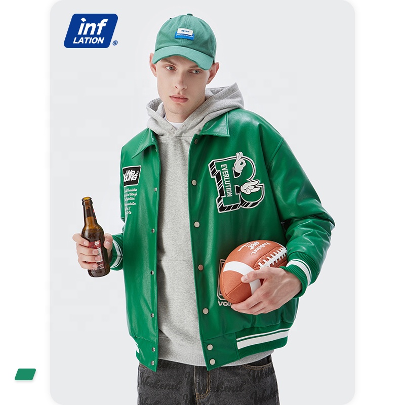 Wholesale OEM Streetwear Embroidery Green Motorcycle PU Leather Jacket & Coats