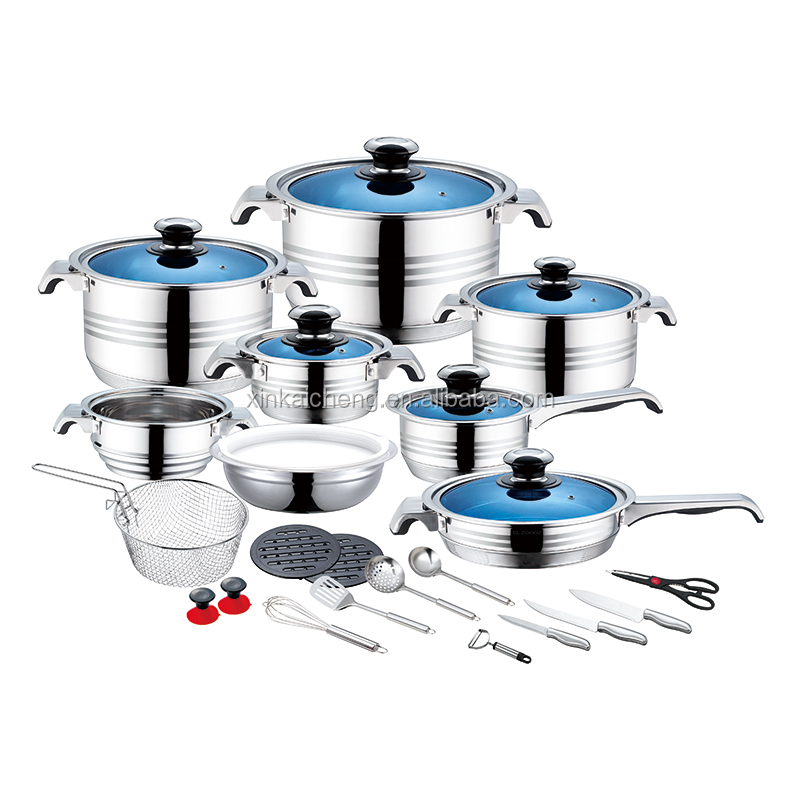German hot sale 30 pcs wide edge Kitchen stainless steel cookware set with blue glass lid thermoter casseroles pots