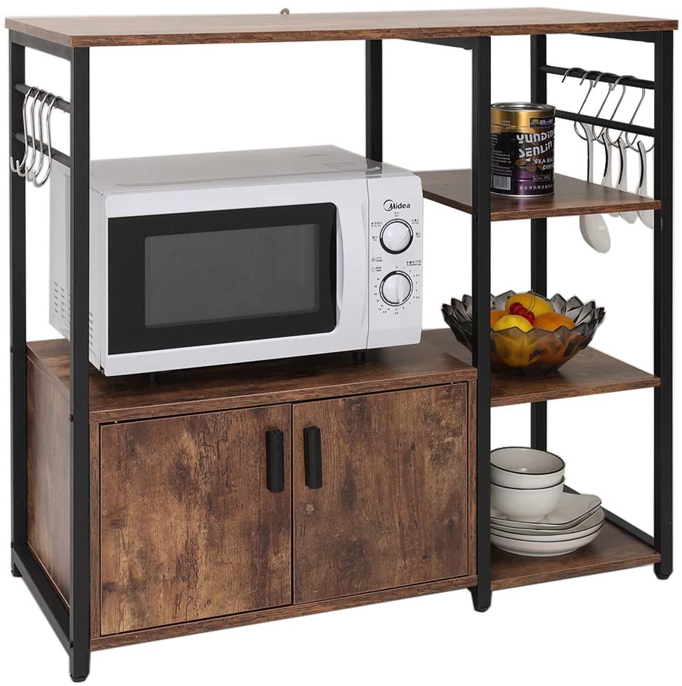 Industrial kitchen rack with cabinets and hooks, microwave oven stand, 4 tier kitchen storage cart furniture