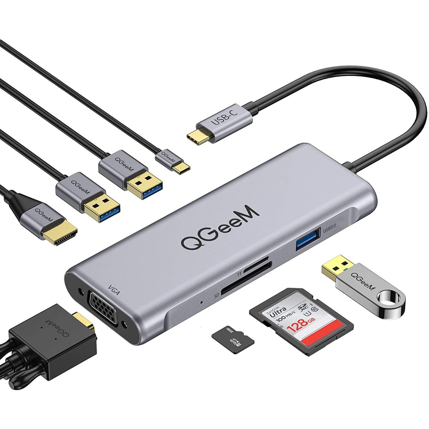 USB C концентратора, 8 в 1 взаимный обмен данными между компьютером и периферийными устройствами Type-C 3,1 Hub адаптер HDMI 4K VGA 1080P SD/устройство для считывания с tf-карт двух мониторов док-станции