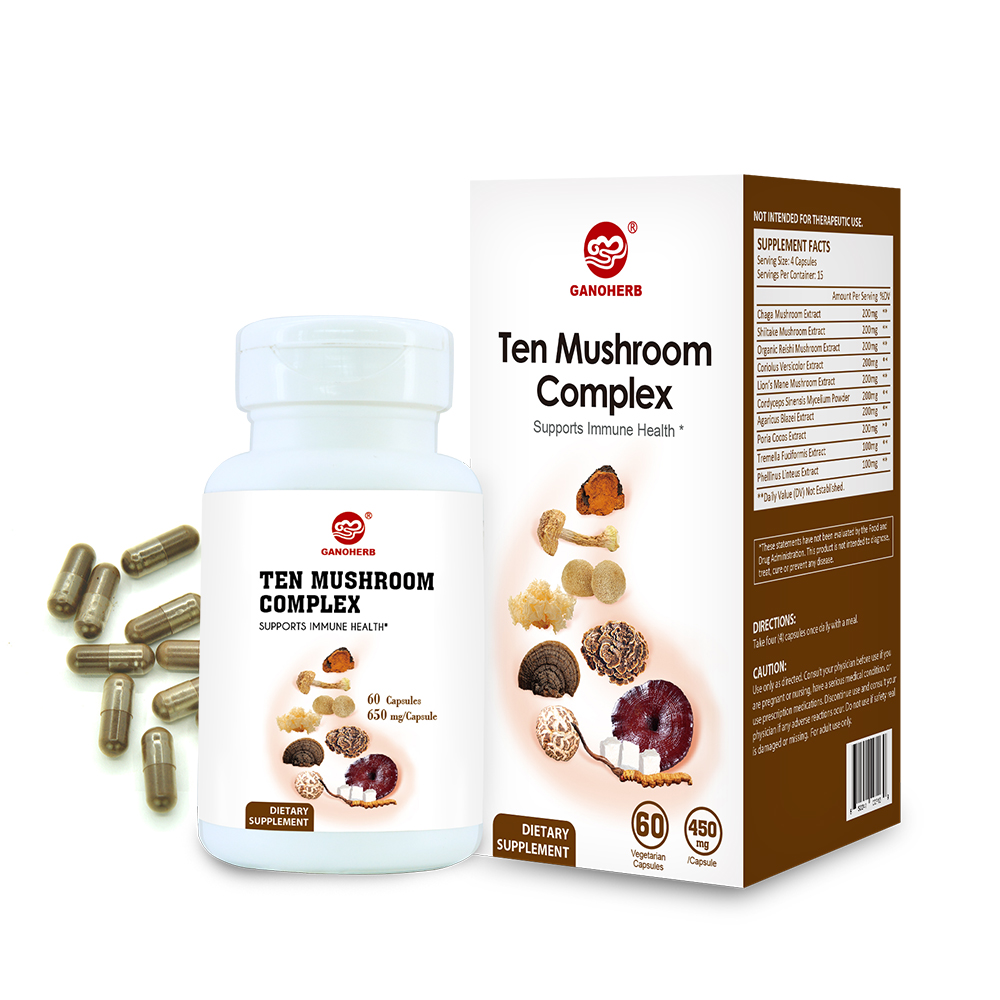 Оптовая продажа десять грибных сложных капсул, Reishi cordyceps капсулы, Coriolus Versicolor