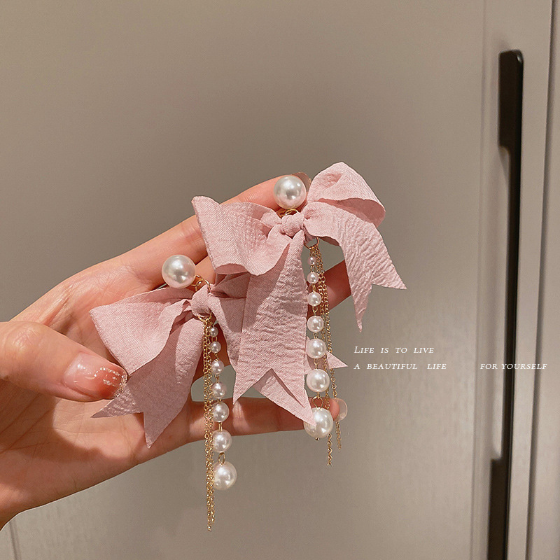 Jewelry 925 silver needle Korean Organza bow exaggerated earrings pearl forest Tassel Earrings