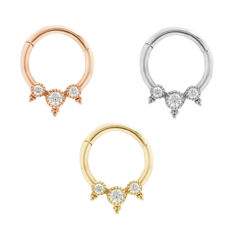 Newness 18G 16G 14G All 316L Surgical Steel Hinged Segment Hoop Rings with Clustered Tribal Balls around CZ body jewelry