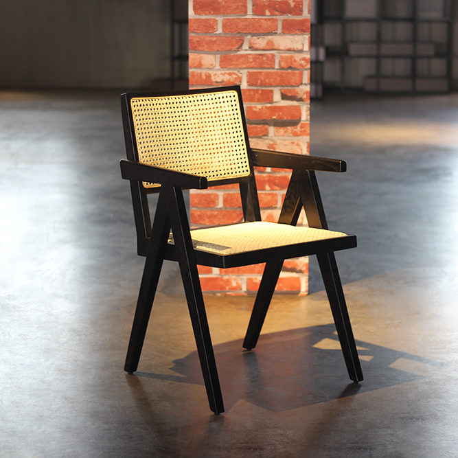 Restaurant furniture ash wood dining armchair with caned seat and back