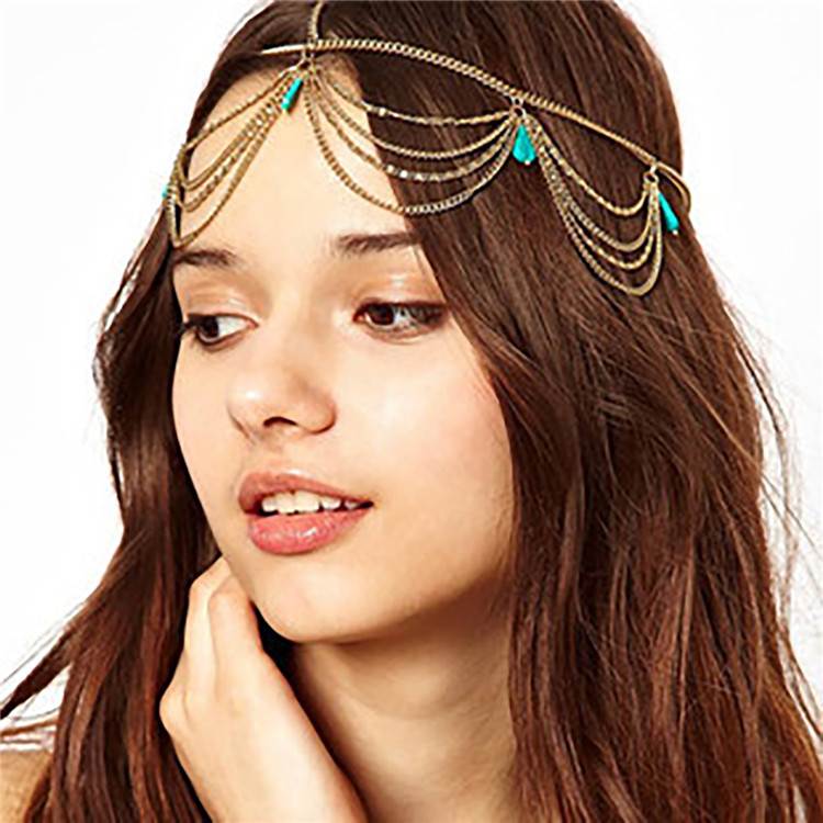 Bohemian Turquoise Hair Accessories Female Ethnic Style Simple Multilayer Tassel Women Jewelry Tiaras