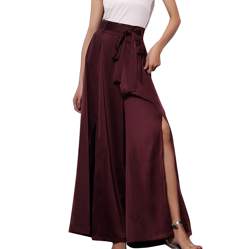 TWOTWINSTYLE High waist Casual Solid Lace Up Loose Side Split Hem Wide Leg Pant