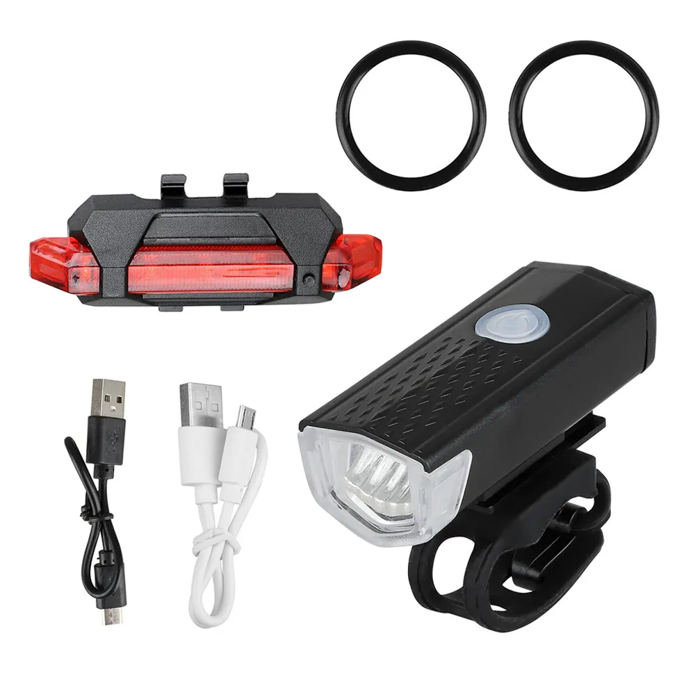 USB Rechargeable Cycling Light Bike Bicycle LED Front Rear Lamp Set Front Light