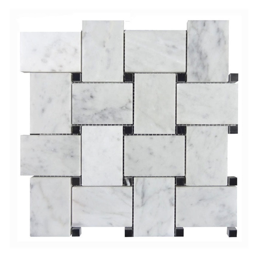 Полированная хонингованная корзина плетение мозаики 1 "X 2" Carrara белый мрамор кирпичи с 3/8 "X 3/8" черный горошек