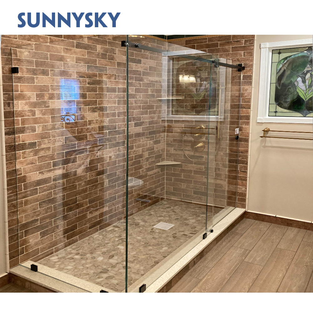 Стеклянная панель для душа Sunnysky для отеля, прозрачная бескаркасная двойная обходная душевая кабина из закаленного стекла