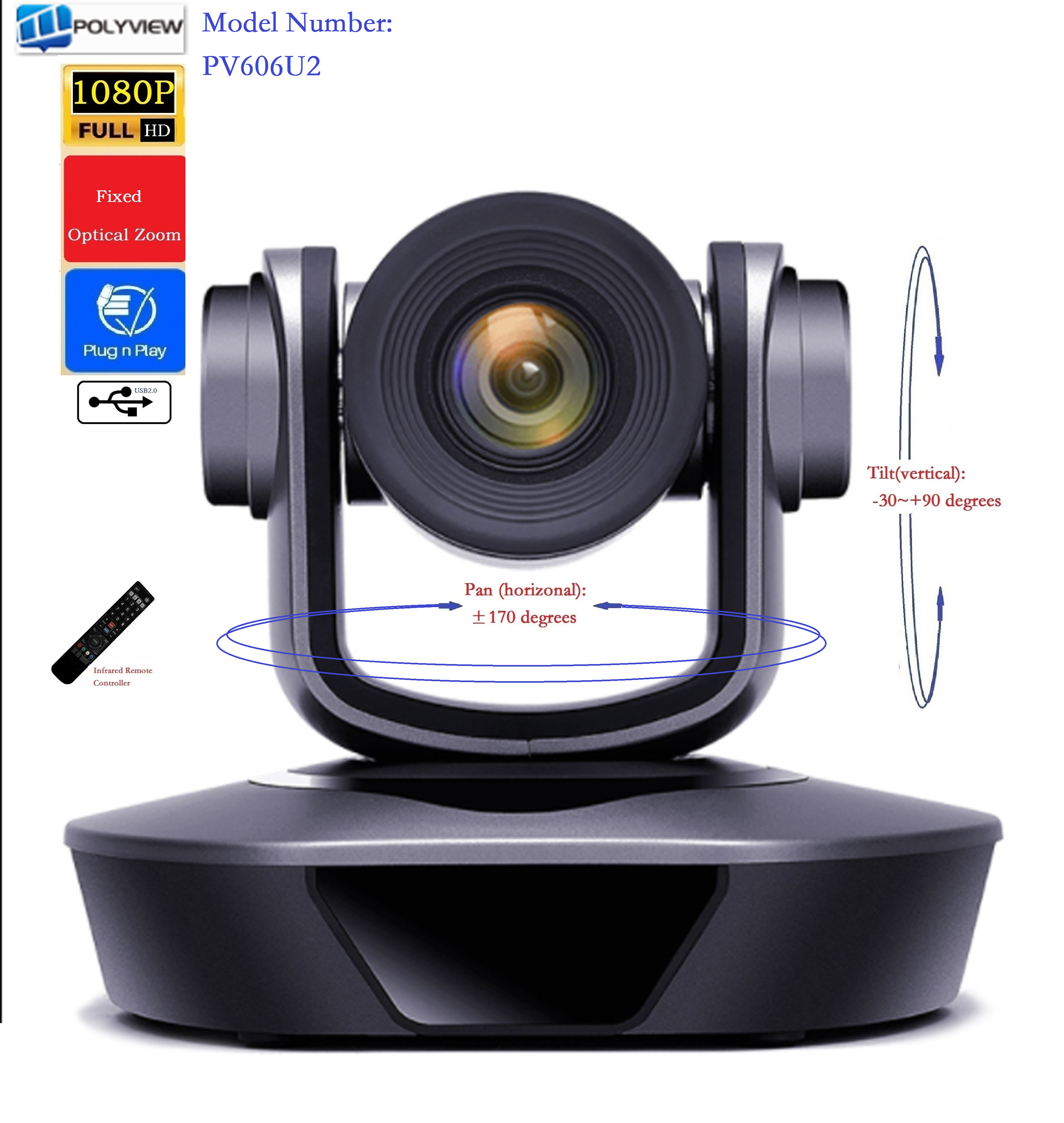 PTZ-камера для видеоконференций, HD 1080P, выход интерфейса USB, технология Plug & Play, офисное оборудование, телекоммуникационные услуги (PV606U2)