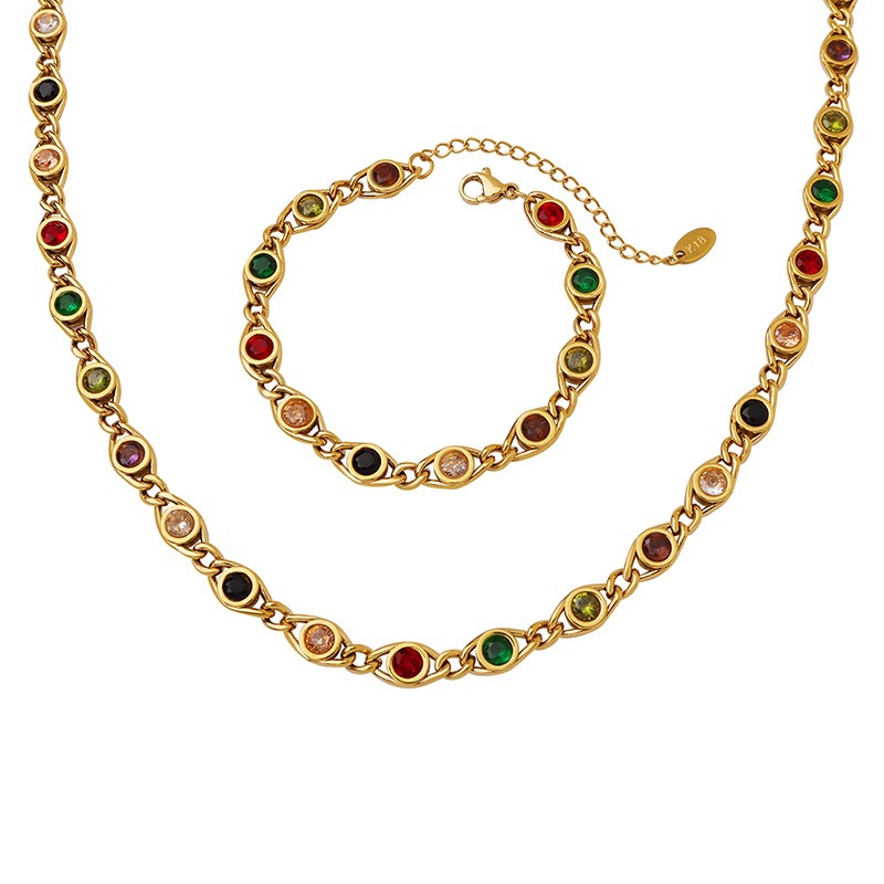 Fashion Luxury Fine Jewelry Crystal Gemstone Bracelet Women Stainless Steel Zirconia Jewelry Set Colorful Cz Diamond Necklace